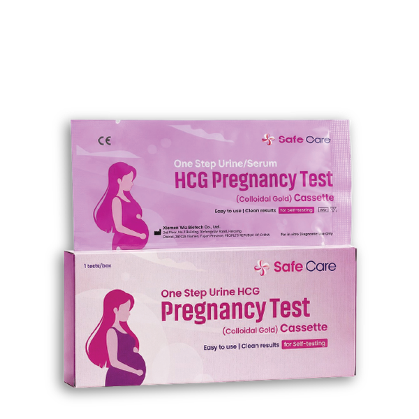 Safe Care HCG pregnancy test — single cassette format with colloidal gold